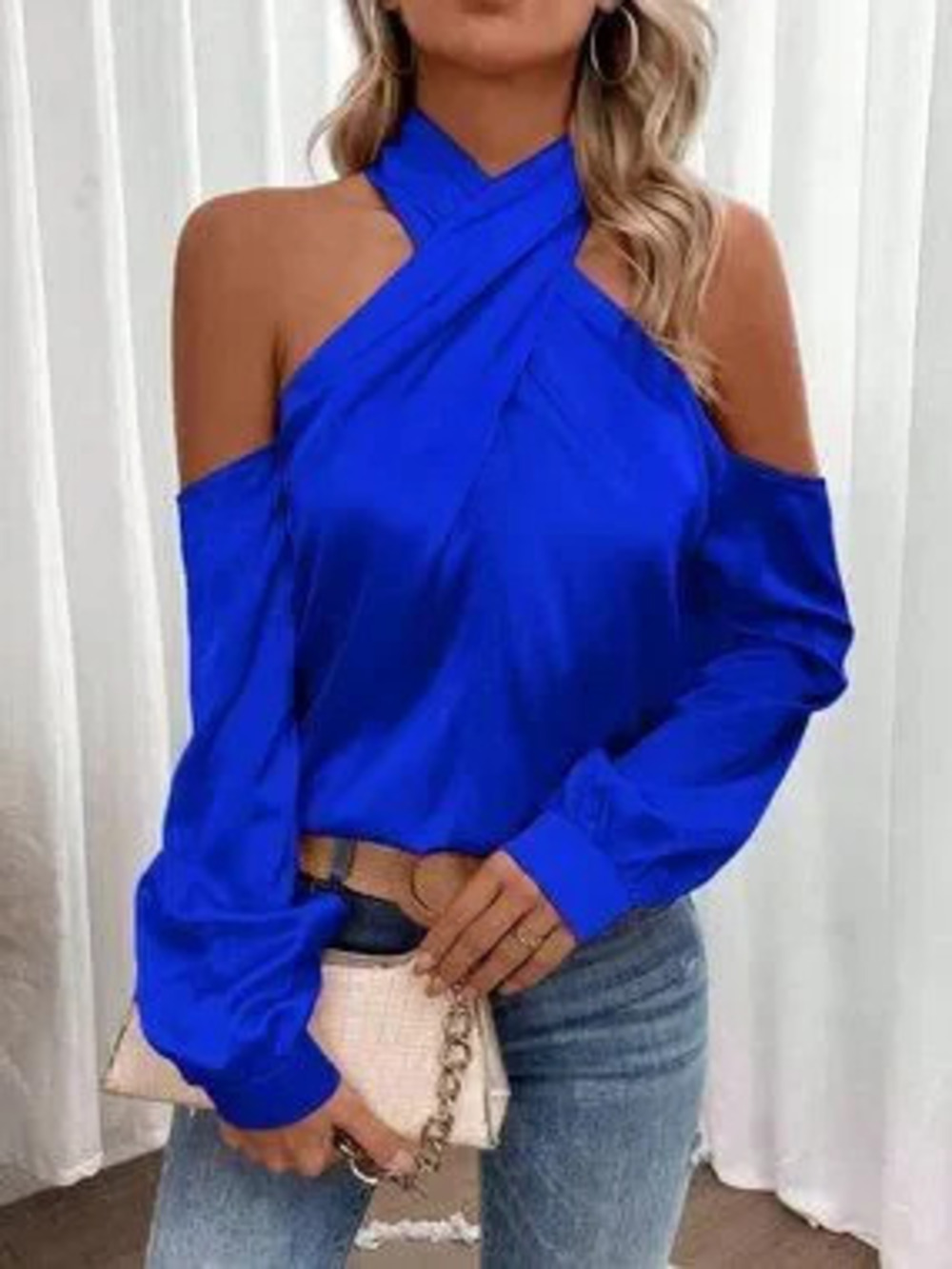 Blue Women's Criss Cross Cold Shoulder Blouse